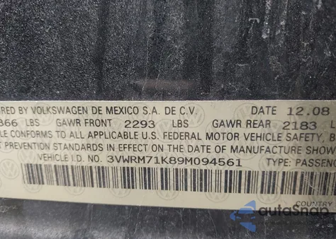 2009 Volkswagen Jetta Se from USA, damaged, VIN 3VWRM71K89M094561